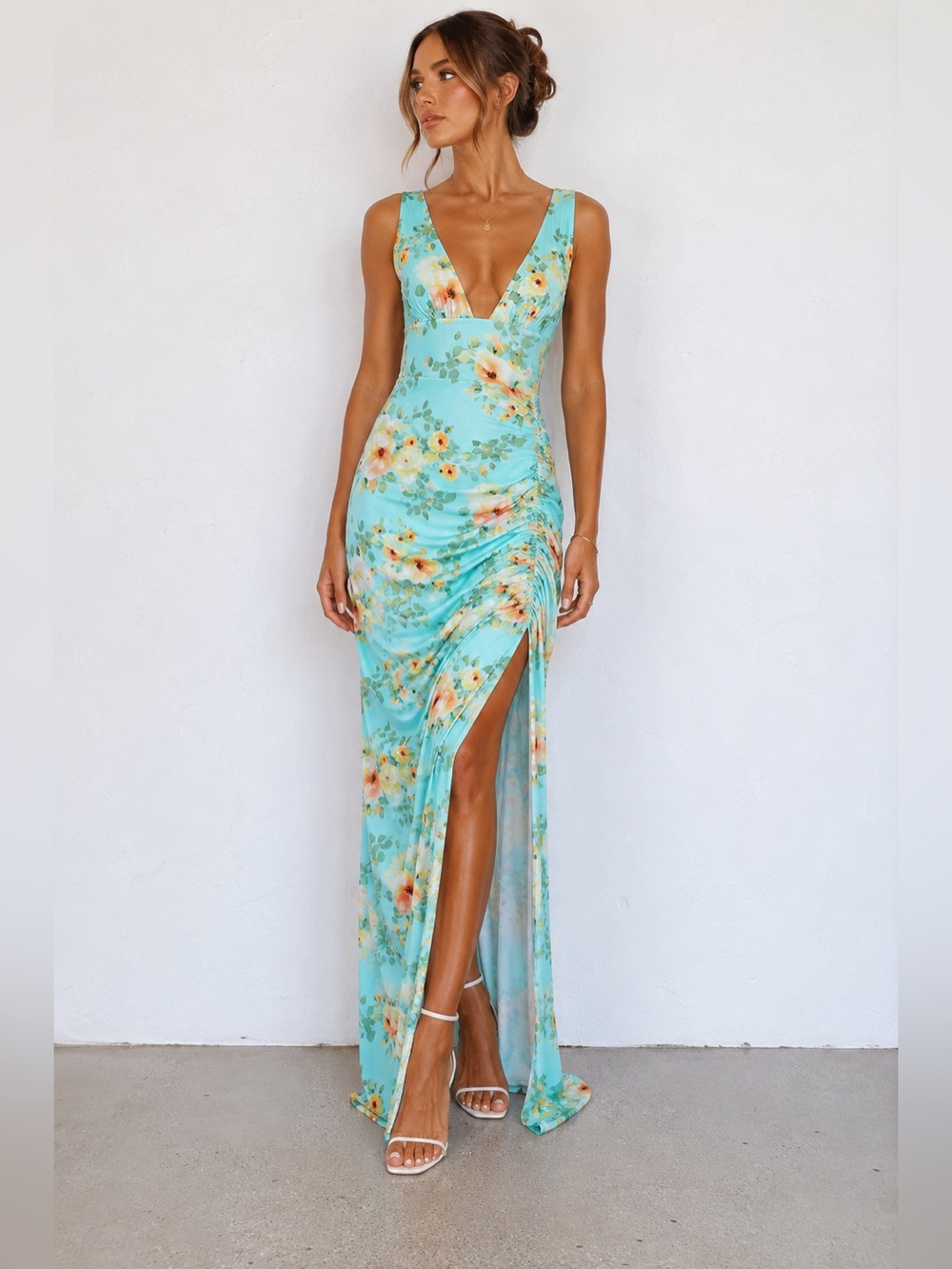 Hello Molly Blue Floral Ruched Mesh Maxi Dress Side Slit Plunge Formal XL AU 14